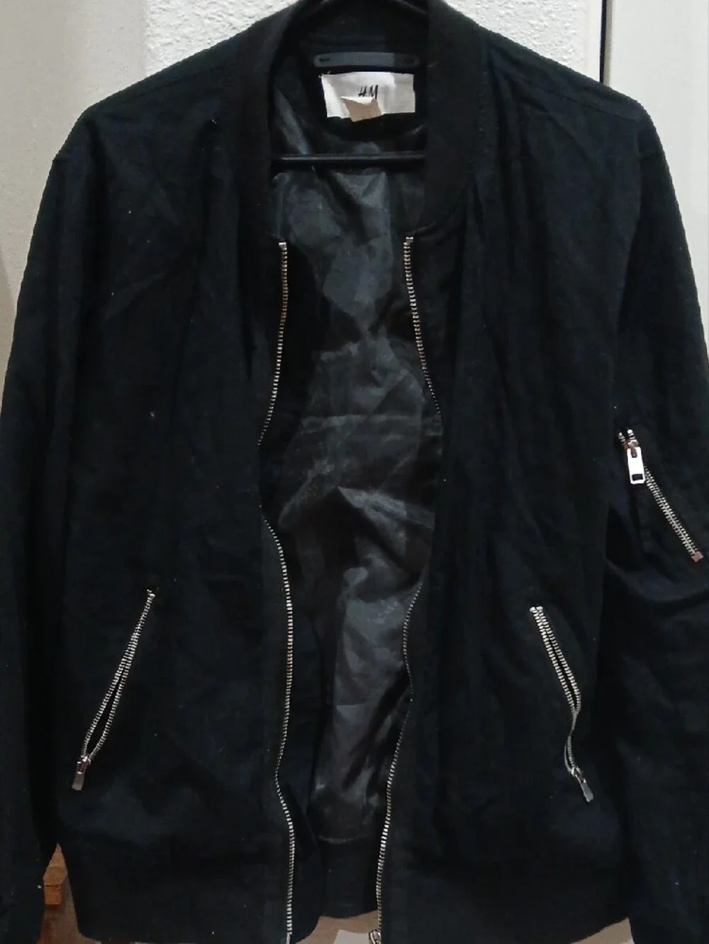 H&M Men's Black Bomber Jacket with Silver Zippers